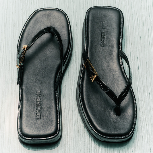 Josie Sandal Black Croc-Embossed Leather - Lana Wilkinson