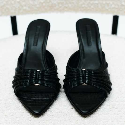 Carrie Mule Black Lizard-Embossed Leather - Lana Wilkinson