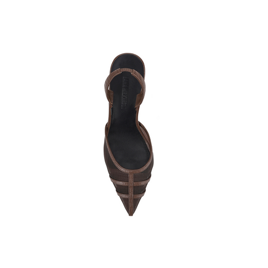 Lana Wilkinson - Jade Heel Chocolate Mesh & Lizard-Embossed Leather