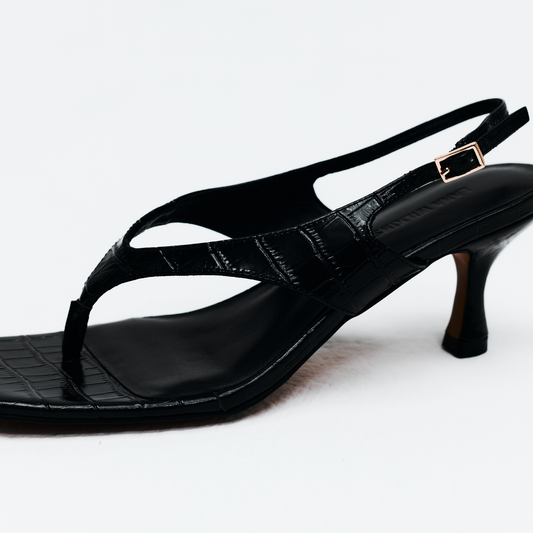 Christina Sandal Black Croc-Embossed Leather - Lana Wilkinson