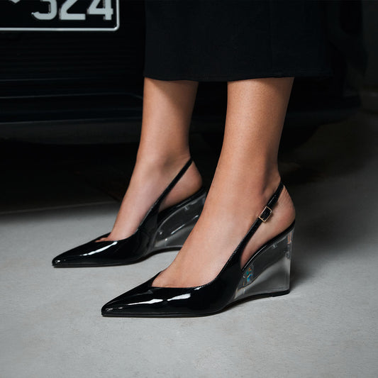 Octavia Wedge Black Patent Leather - Lana Wilkinson