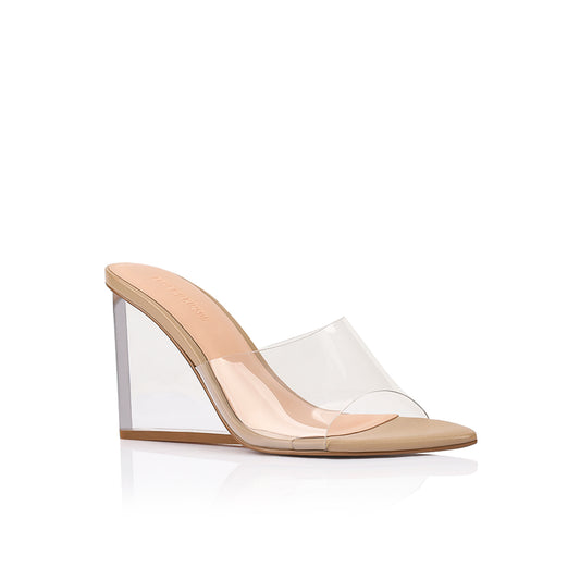 Suzy Wedge Lucite & Beige Leather - Lana Wilkinson