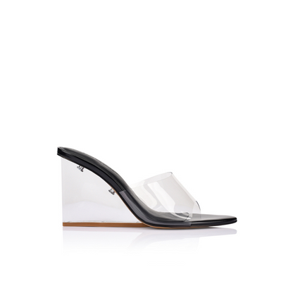 Suzy Wedge Lucite & Black Leather