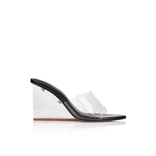 Suzy Wedge Lucite Black Leather - Lana Wilkinson