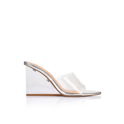 Suzy Wedge Lucite Silver Metallic Leather - Lana Wilkinson