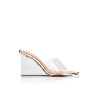 Suzy Wedge Lucite & Gold Metallic Leather