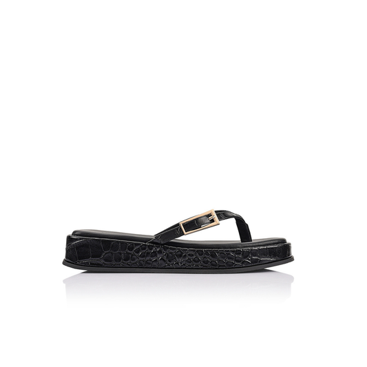 Josie Sandal Black Croc-Embossed Leather - Lana Wilkinson