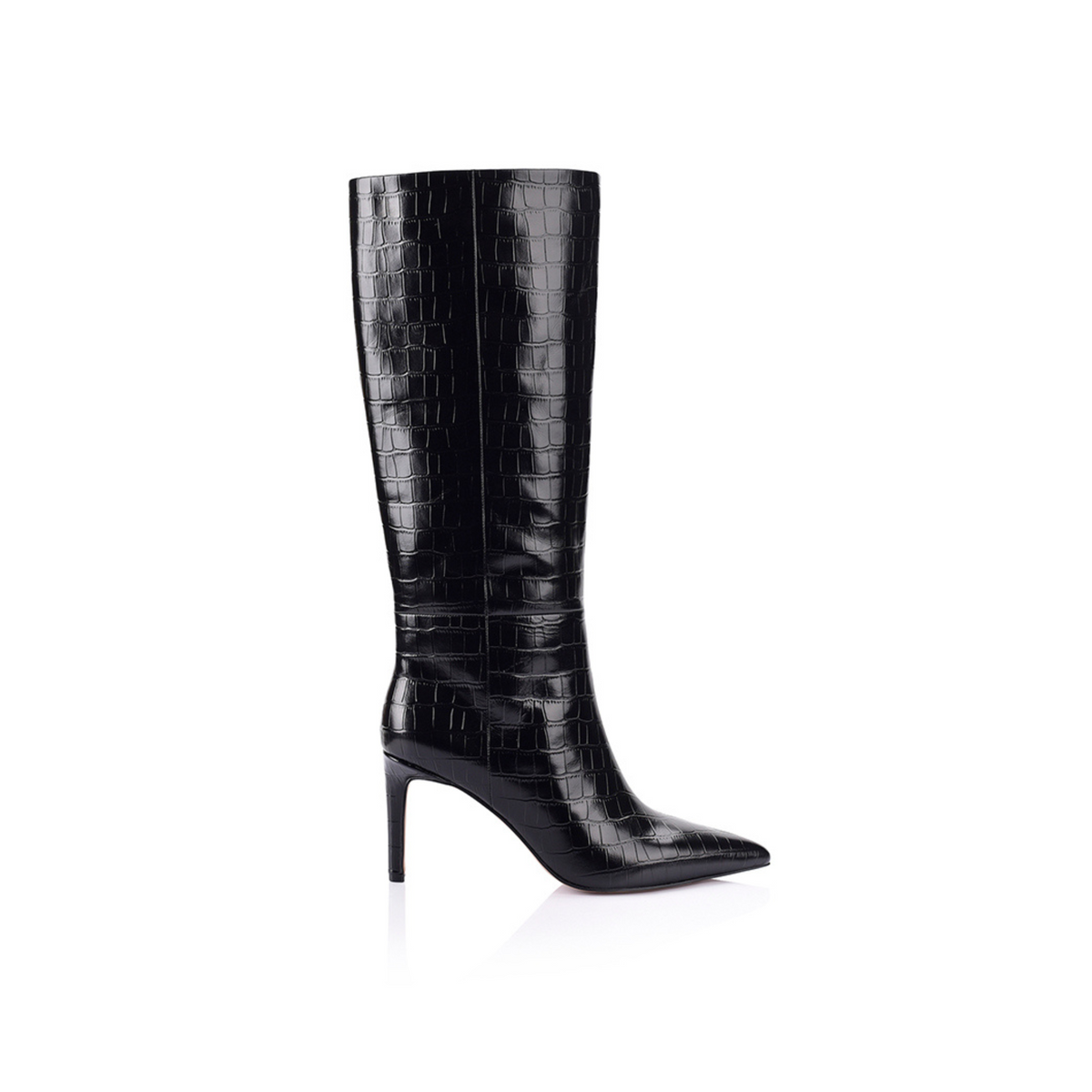 Huw Knee-High Boot Black Croc-Embossed Leather