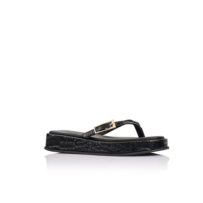 Josie Sandal Black Croc-Embossed Leather - Lana Wilkinson