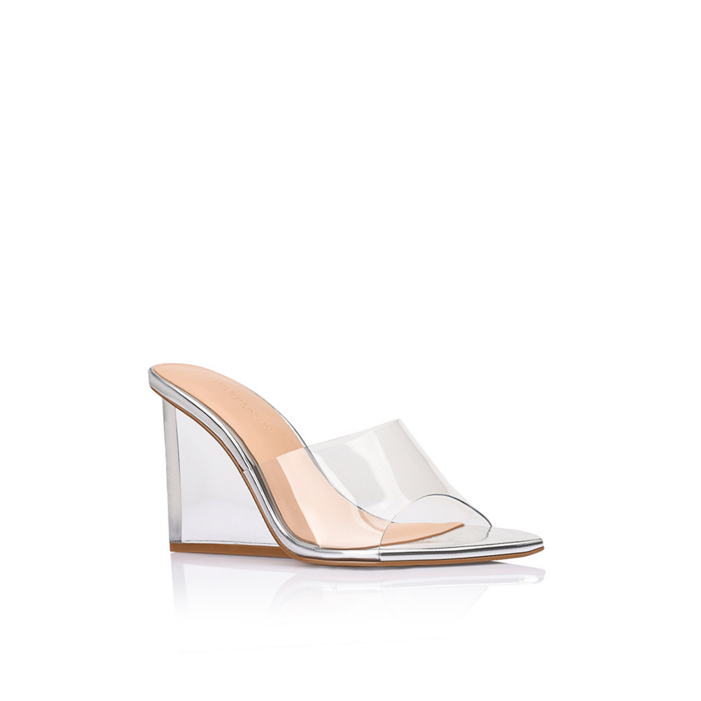 Suzy Wedge Lucite & Silver Metallic Leather