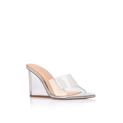 Suzy Wedge Lucite Silver Metallic Leather - Lana Wilkinson