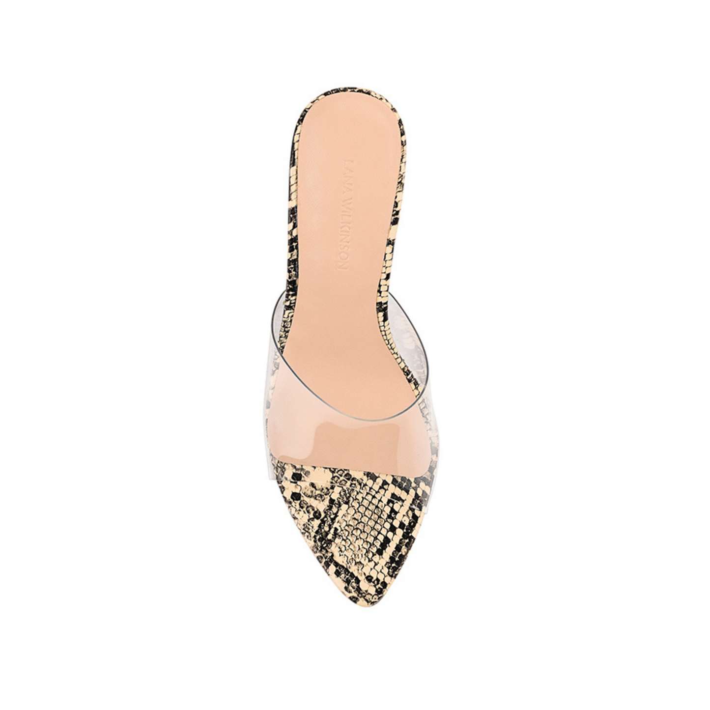 Suzy Wedge Lucite & Snake Print Leather