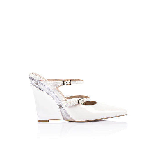 Gwen Wedge Lucite & White Leather - Lana Wilkinson
