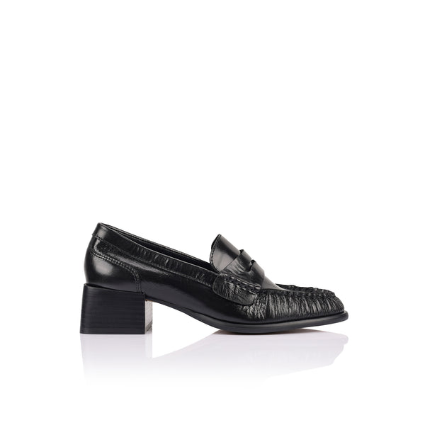 Blair Ruched Penny Loafer Heel Black Patina Leather