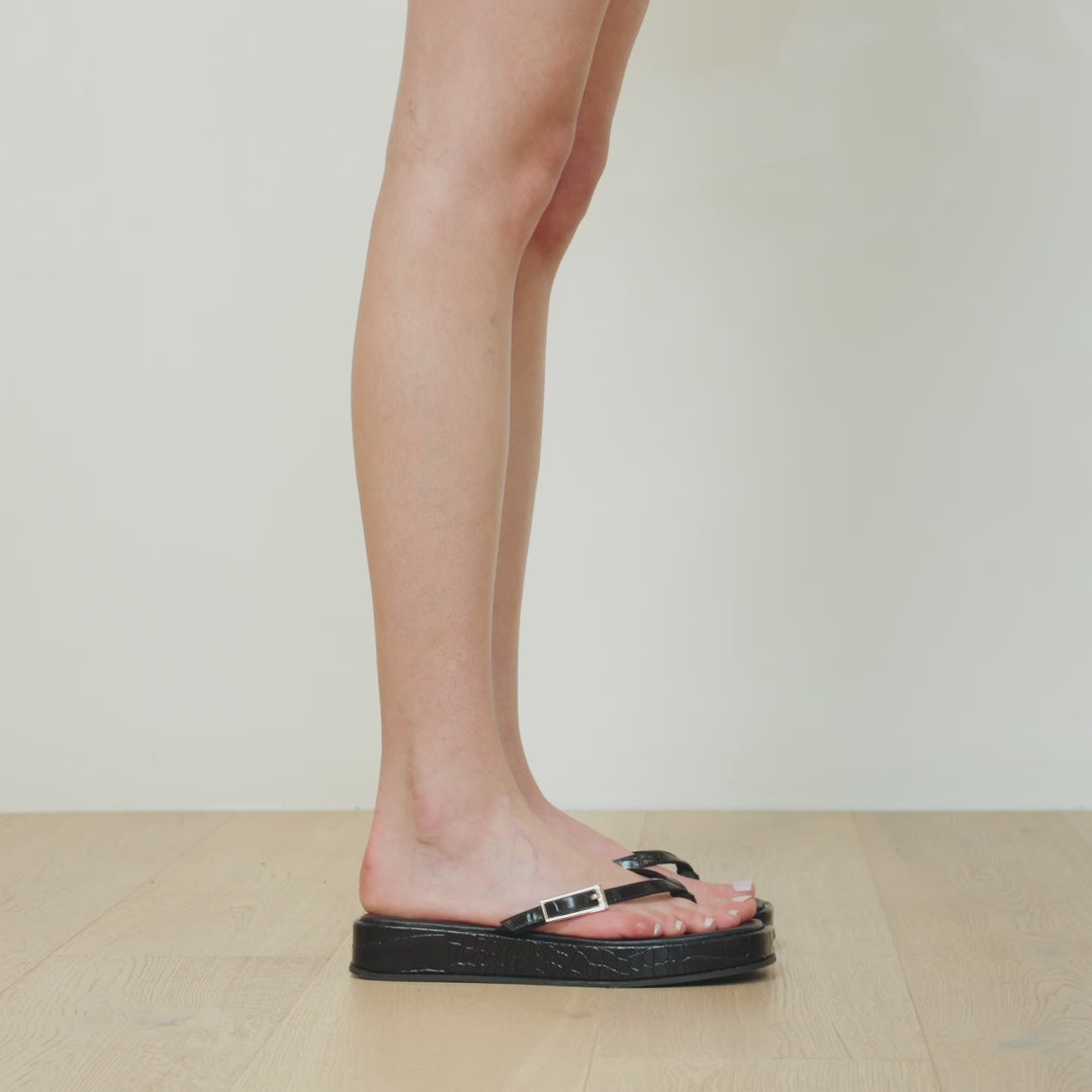 Josie Flip-Flop Flatform Thong Sandal Black Croc-Embossed Leather